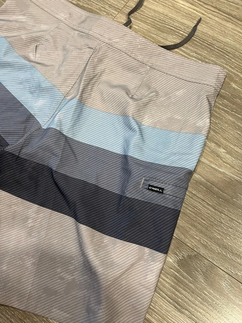O'Neill Men's Gray Swim Board Shorts with Blue Stripes- Hyperfreak